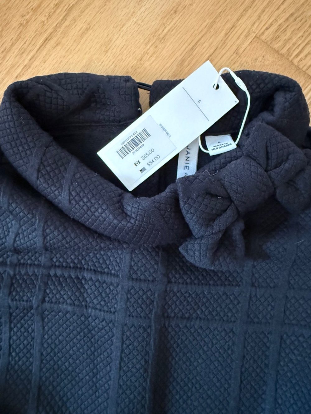 Janie and Jack Girls Black Quilted Jaquard Dress Faux Leather Trim Bow Sz 6 - Picture 2 of 2